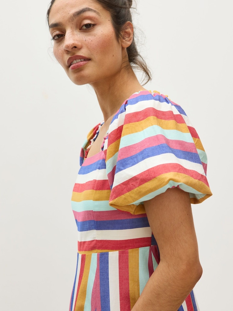 Oliver Bonas Blue Mini Rainbow Striped Puff Sleeve Dress - Image 2 of 7