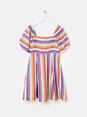 Oliver Bonas Blue Mini Rainbow Striped Puff Sleeve Dress - Image 3 of 7