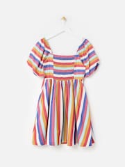 Oliver Bonas Blue Mini Rainbow Striped Puff Sleeve Dress - Image 4 of 7
