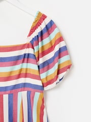Oliver Bonas Blue Mini Rainbow Striped Puff Sleeve Dress - Image 6 of 7