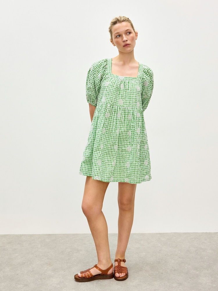Oliver Bonas Green Mini Gingham Daisy Embroidered Dress - Image 2 of 8