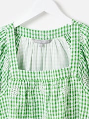 Oliver Bonas Green Mini Gingham Daisy Embroidered Dress - Image 5 of 8