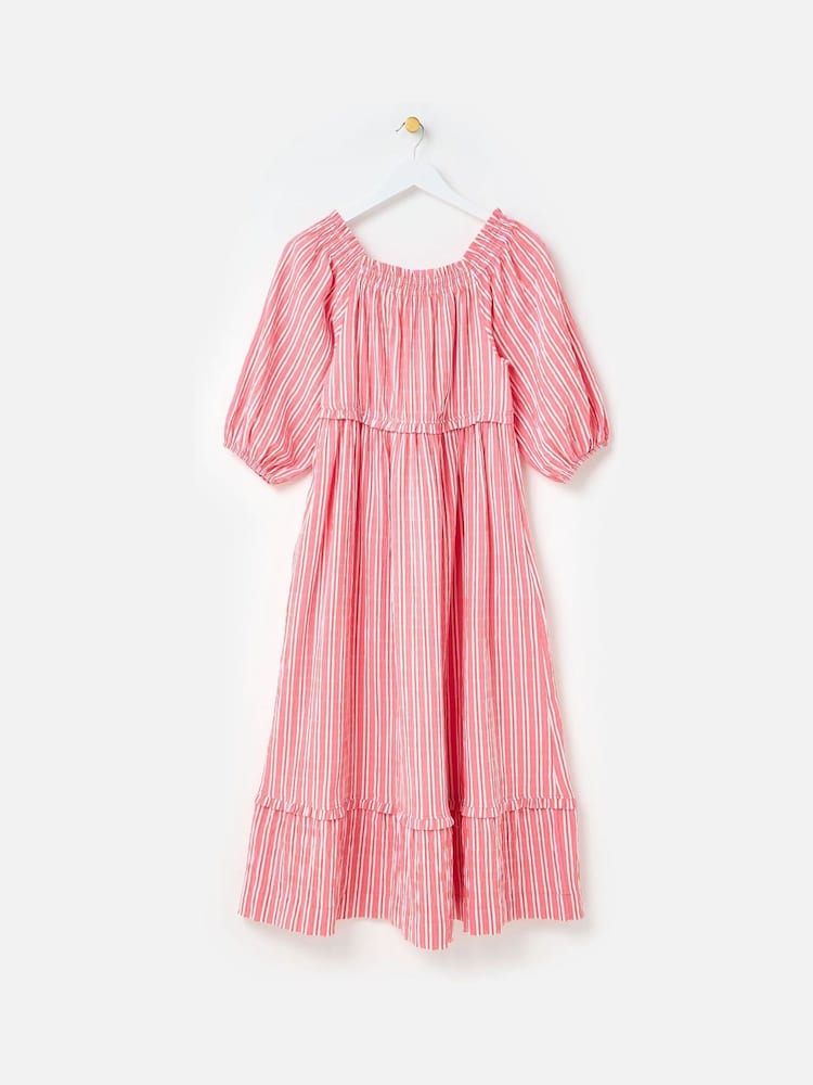 Oliver Bonas Red Pink Striped Bardot Tiered Midi Dress - Image 1 of 7