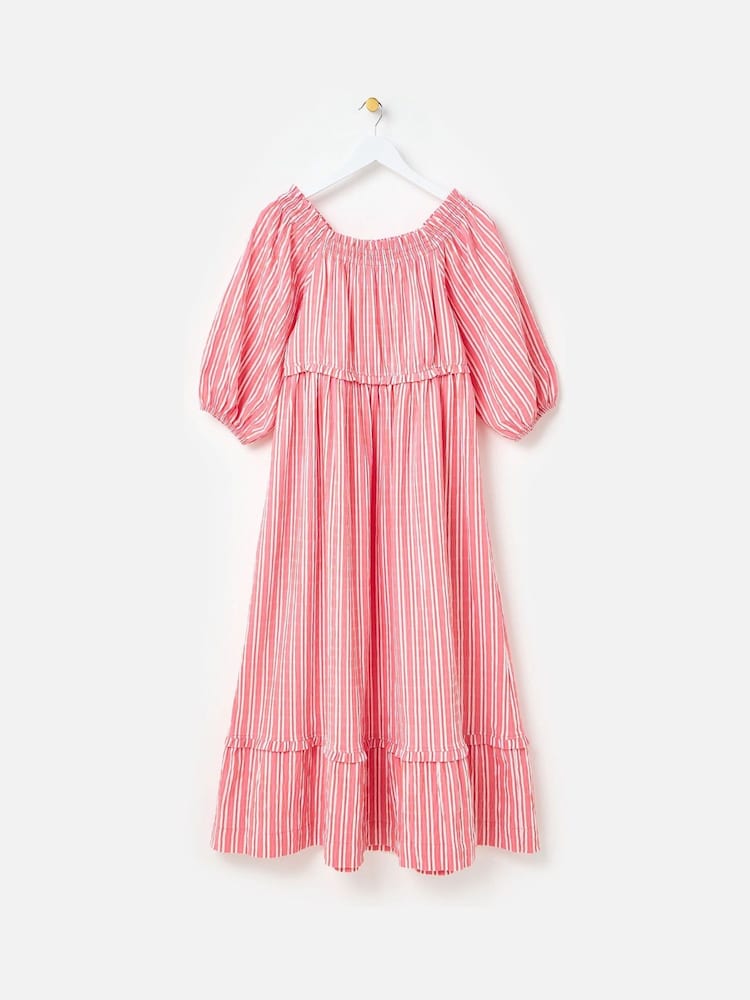 Oliver Bonas Red Pink Striped Bardot Tiered Midi Dress - Image 2 of 7