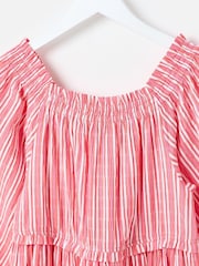 Oliver Bonas Red Pink Striped Bardot Tiered Midi Dress - Image 3 of 7