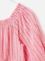 Oliver Bonas Red Pink Striped Bardot Tiered Midi Dress - Image 4 of 7