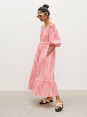 Oliver Bonas Red Pink Striped Bardot Tiered Midi Dress - Image 7 of 7