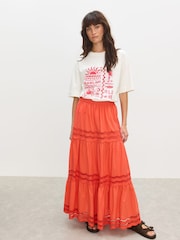 Oliver Bonas Orange Coral Scalloped Cutwork Tiered Midi Skirt - Image 1 of 7