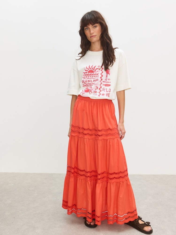 Oliver Bonas Orange Coral Scalloped Cutwork Tiered Midi Skirt - Image 1 of 7