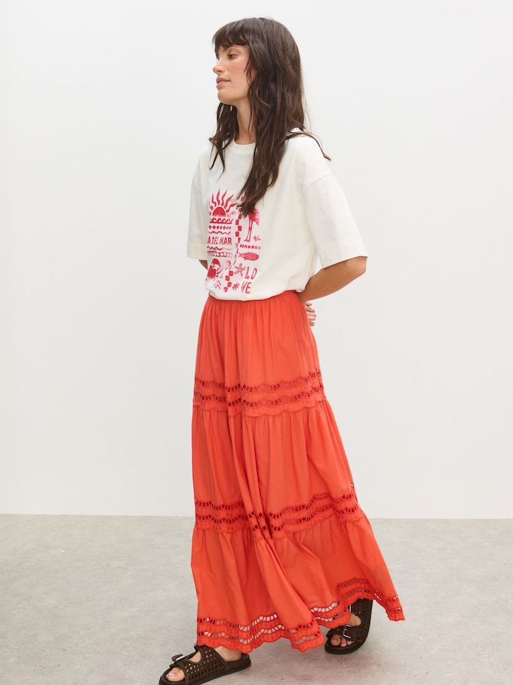 Oliver Bonas Orange Coral Scalloped Cutwork Tiered Midi Skirt - Image 2 of 7