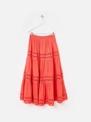 Oliver Bonas Orange Coral Scalloped Cutwork Tiered Midi Skirt - Image 3 of 7