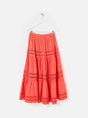 Oliver Bonas Orange Coral Scalloped Cutwork Tiered Midi Skirt - Image 4 of 7