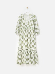 Oliver Bonas Green Floral Tile Print V-Neck Tiered Midi Dress - Image 1 of 7