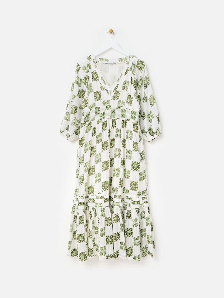 Oliver Bonas Green Floral Tile Print V-Neck Tiered Midi Dress - Image 1 of 7