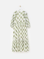 Oliver Bonas Green Floral Tile Print V-Neck Tiered Midi Dress - Image 2 of 7