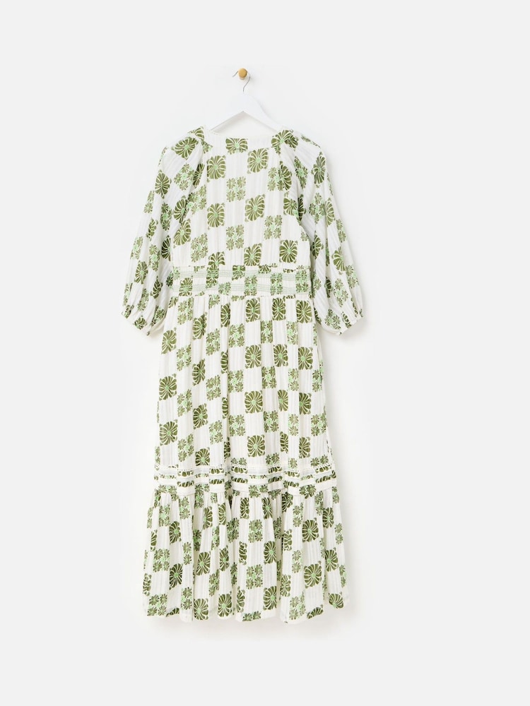 Oliver Bonas Green Floral Tile Print V-Neck Tiered Midi Dress - Image 2 of 7