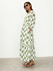 Oliver Bonas Green Floral Tile Print V-Neck Tiered Midi Dress - Image 3 of 7