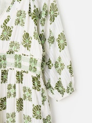 Oliver Bonas Green Floral Tile Print V-Neck Tiered Midi Dress - Image 6 of 7