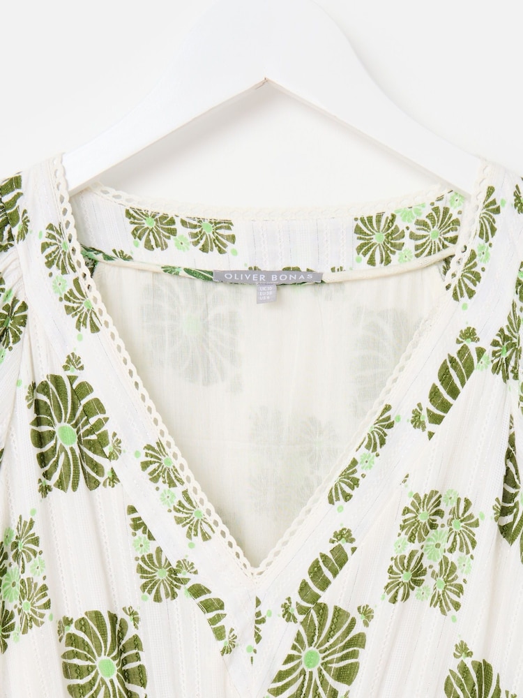 Oliver Bonas Green Floral Tile Print V-Neck Tiered Midi Dress - Image 7 of 7