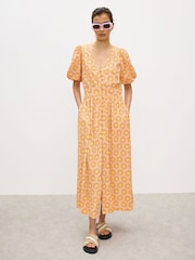 Oliver Bonas Orange Yellow Sunburst Print V-Neck Midi Dress - Image 1 of 7