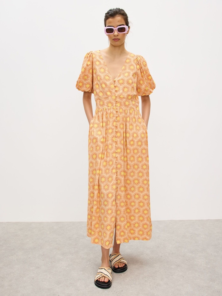 Oliver Bonas Orange Yellow Sunburst Print V-Neck Midi Dress - Image 1 of 7