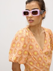 Oliver Bonas Orange Yellow Sunburst Print V-Neck Midi Dress - Image 2 of 7