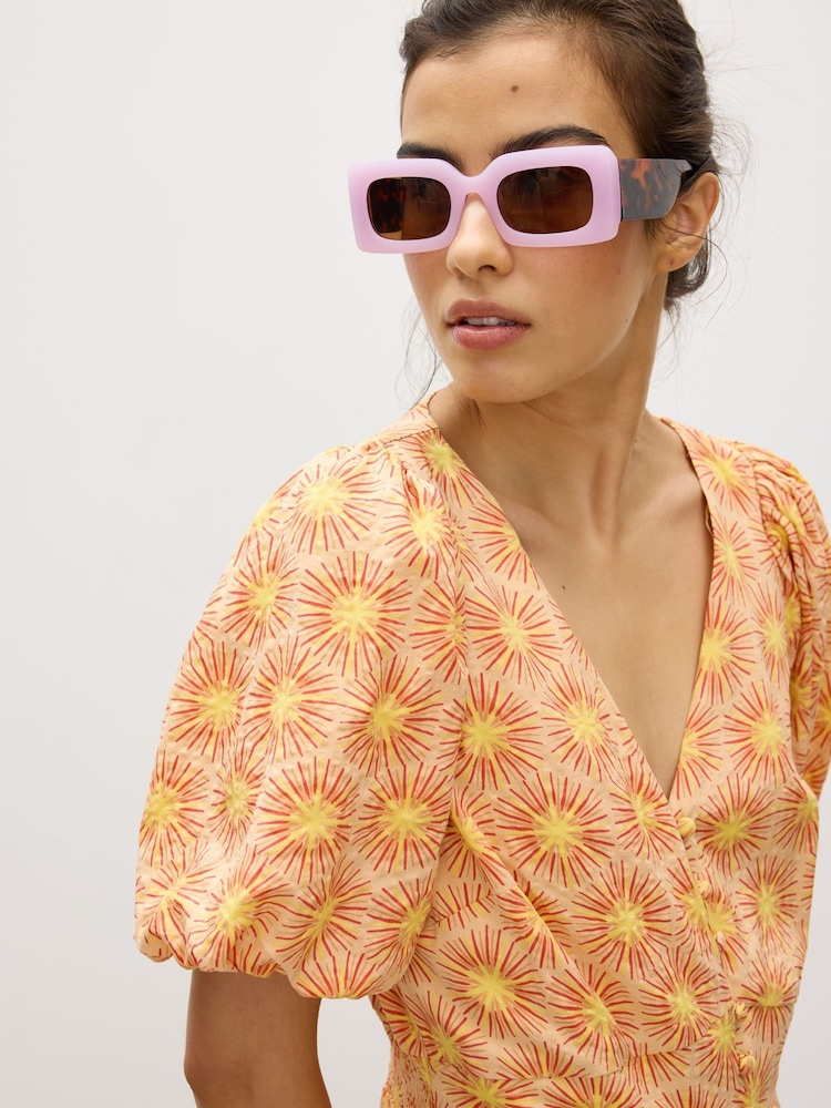 Oliver Bonas Orange Yellow Sunburst Print V-Neck Midi Dress - Image 2 of 7