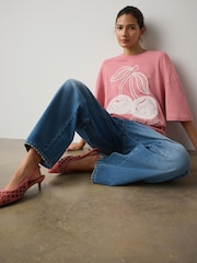 Pink Cherry Graphic Embroidered Crew Neck T-Shirt - Image 1 of 10