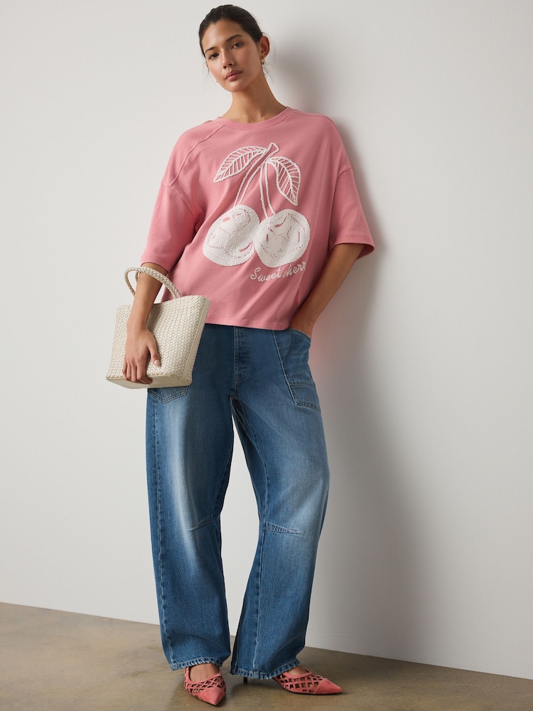 Pink Cherry Graphic Embroidered Crew Neck T-Shirt - Image 2 of 10