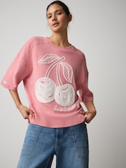 Pink Cherry Graphic Embroidered Crew Neck T-Shirt - Image 4 of 10