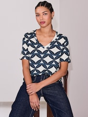 Blue Print Cotton Modal Slouch V-Neck T-Shirt - Image 1 of 8