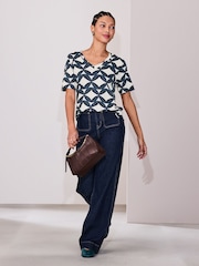 Blue Print Cotton Modal Slouch V-Neck T-Shirt - Image 2 of 8