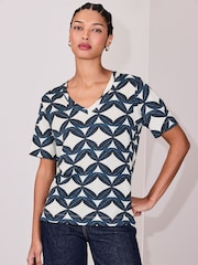 Blue Print Cotton Modal Slouch V-Neck T-Shirt - Image 3 of 8