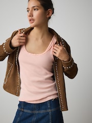 Light Pink Premium Ribbed Scoop Tank Vest Sleeveless Top - Image 1 of 9