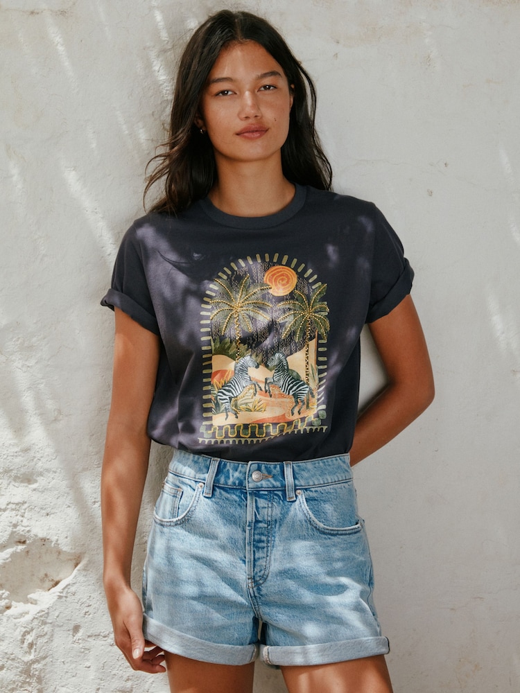 Charcoal Grey Embroidered Graphic Heavyweight Short Sleeve Crew Neck T-Shirt - Image 1 of 8 Charcoal Grey Embroidered Graphic Heavyweight Short Sleeve Crew Neck T-Shirt - Image 1 of 8