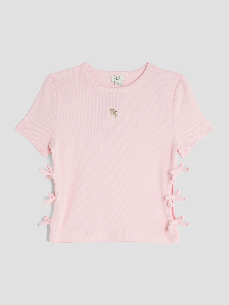 River Island Pink Girls 3D Bow Ribbed Top - Image 1 of 5