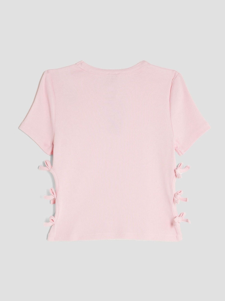 River Island Pink Girls 3D Bow Ribbed Top - Image 2 of 5