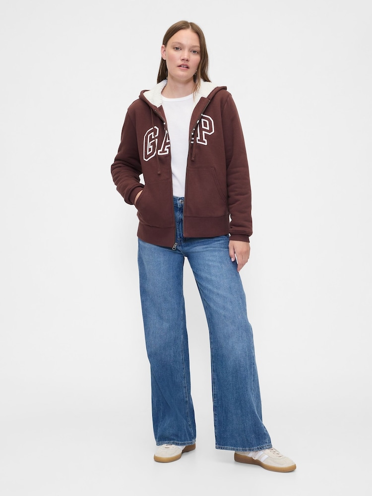 Gap Brown Relaxed Logo Sherpa-Lined Zip Hoodie - Image 1 of 4