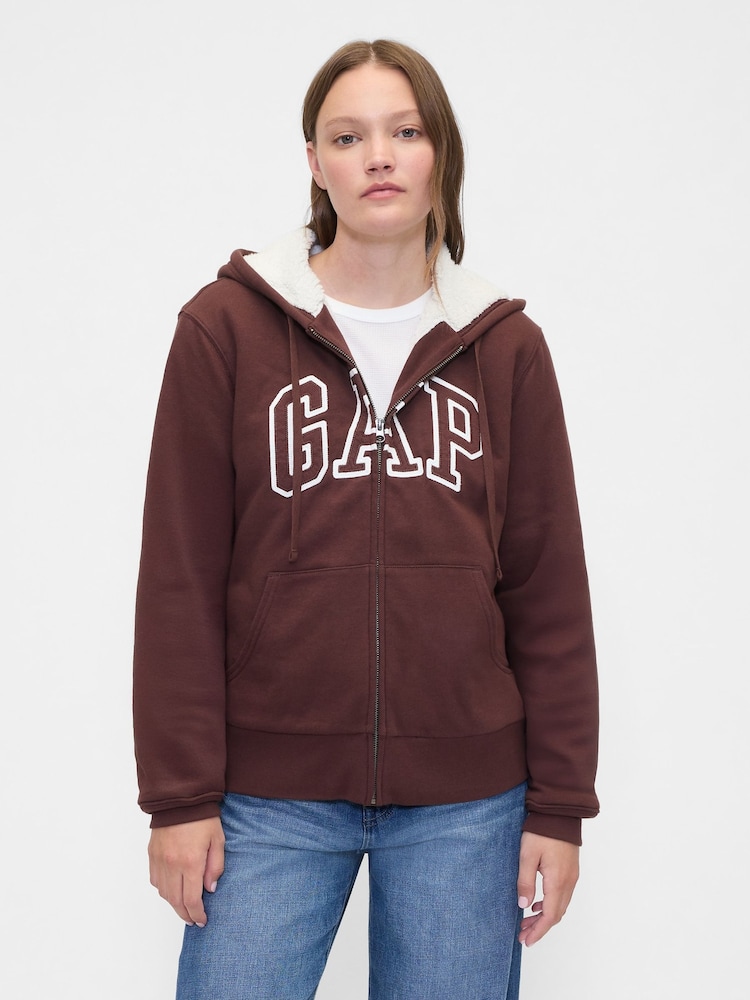 Gap Brown Relaxed Logo Sherpa-Lined Zip Hoodie - Image 2 of 4 Gap Brown Relaxed Logo Sherpa-Lined Zip Hoodie - Image 2 of 4