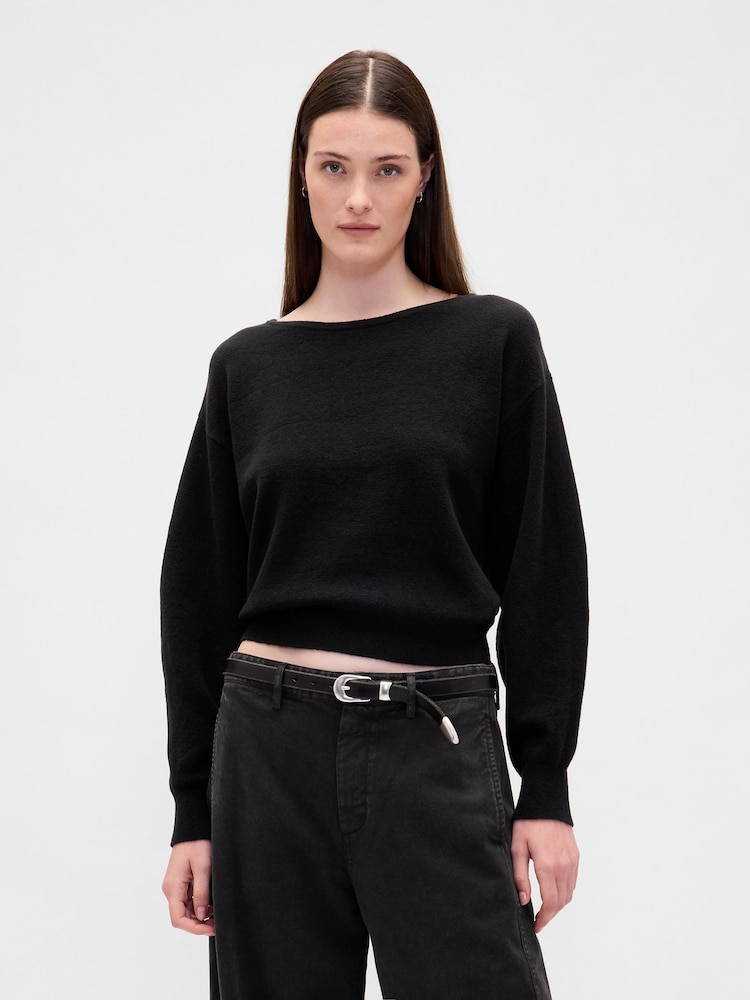 Gap Black CashSoft Stretch Lantern-Sleeve Crop Sweatshirt - Image 1 of 4 Gap Black CashSoft Stretch Lantern-Sleeve Crop Sweatshirt - Image 1 of 4
