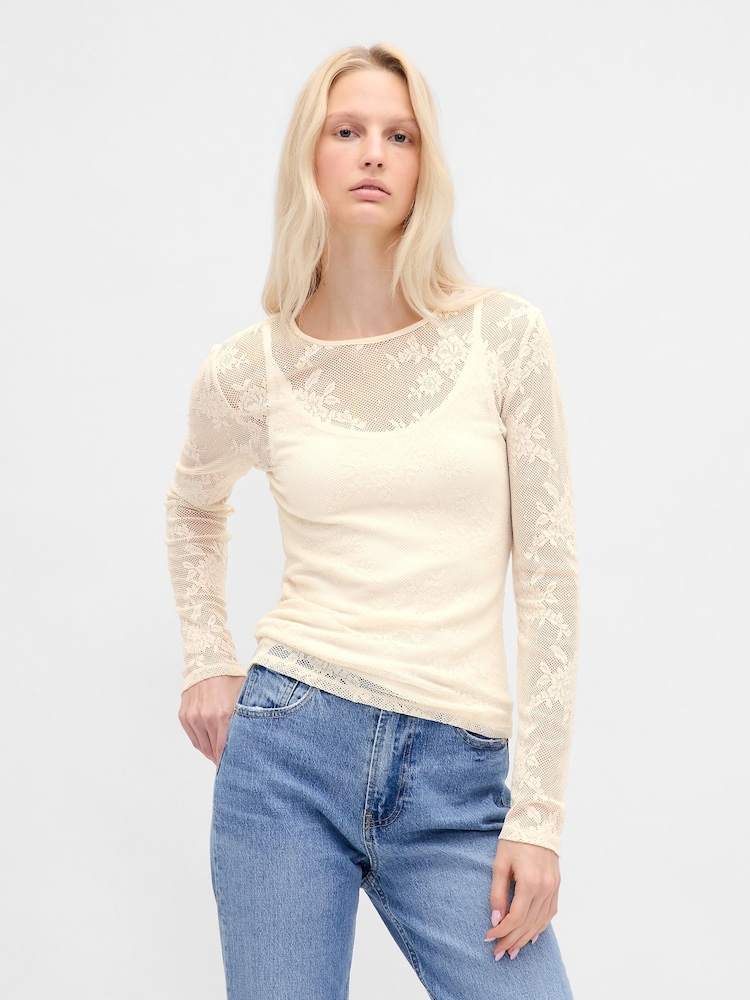 Gap Cream Sheer Lace Top - Image 1 of 4