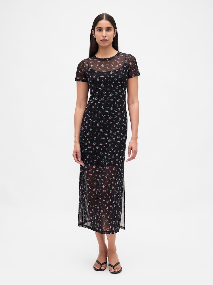 Gap Black/Pink Mesh Square Neck Maxi Dress - Image 1 of 6