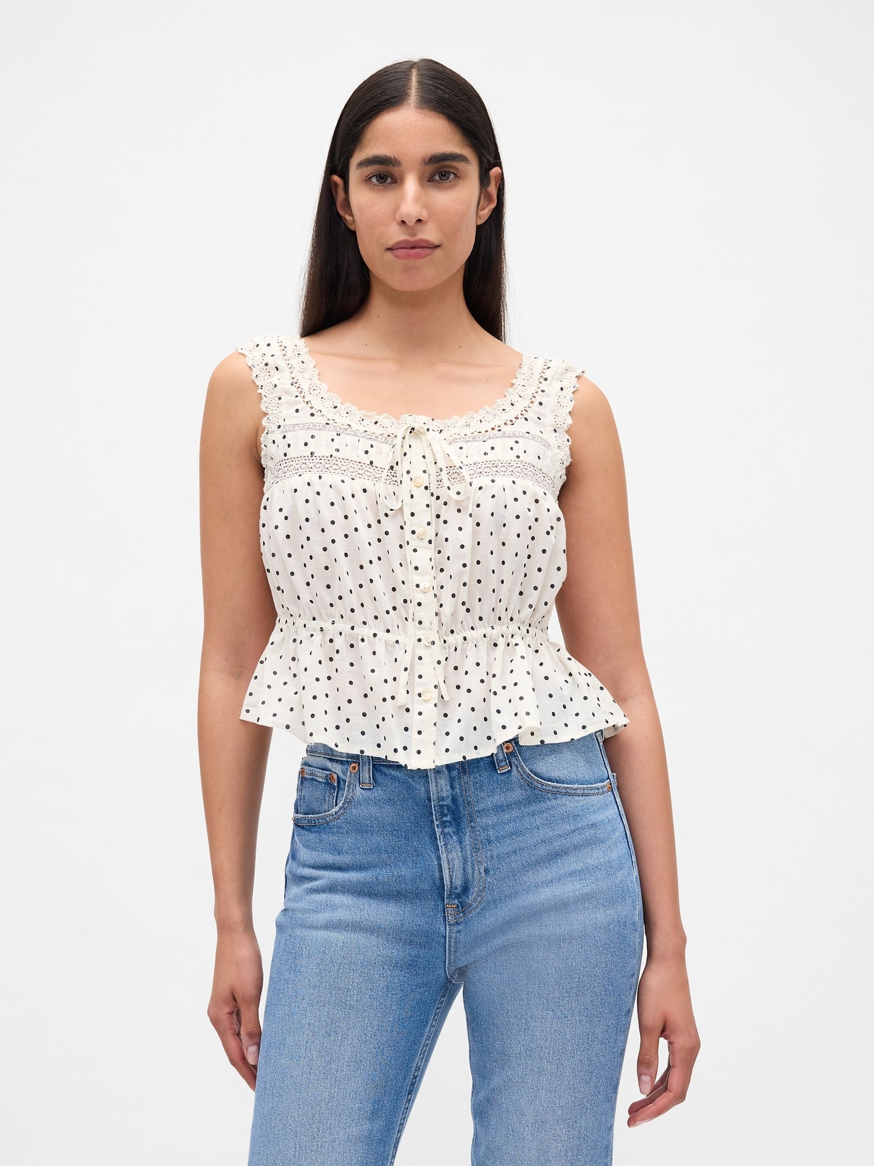 Buy Gap White Polka Dot Lace-Trim Peplum Crop Top from the Next UK