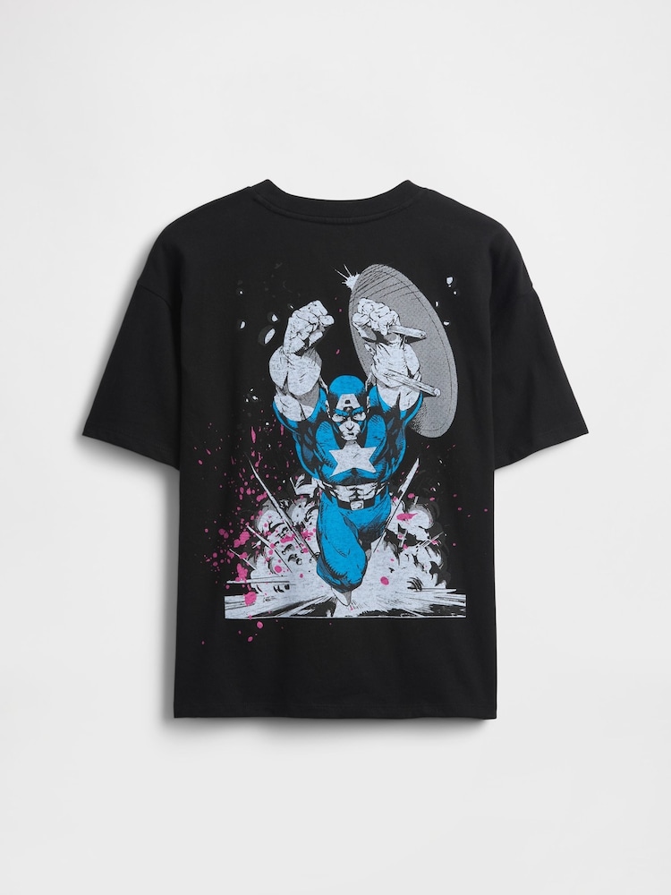 Gap Black Captain America Marvel Relaxed Graphic Short Sleeve T-Shirt (4-13yrs) (4-13yrs) - Image 2 of 3 Gap Black Captain America Marvel Relaxed Graphic Short Sleeve T-Shirt (4-13yrs) (4-13yrs) - Image 2 of 3