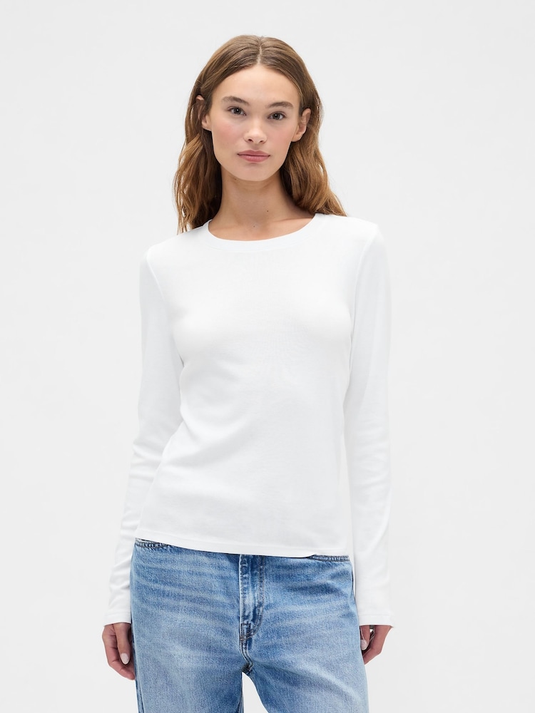 Gap White Long Sleeve Modern Crewneck T-Shirt - Image 1 of 5 Gap White Long Sleeve Modern Crewneck T-Shirt - Image 1 of 5