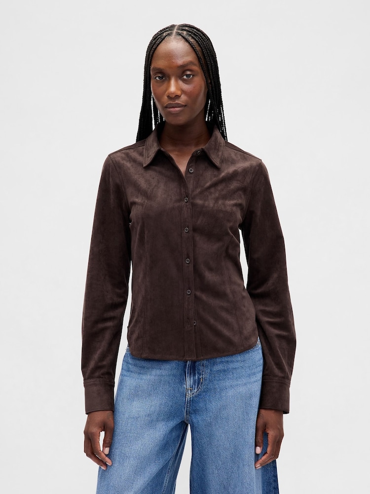 Gap Brown Vegan Suede Fitted Shirt - Image 1 of 4