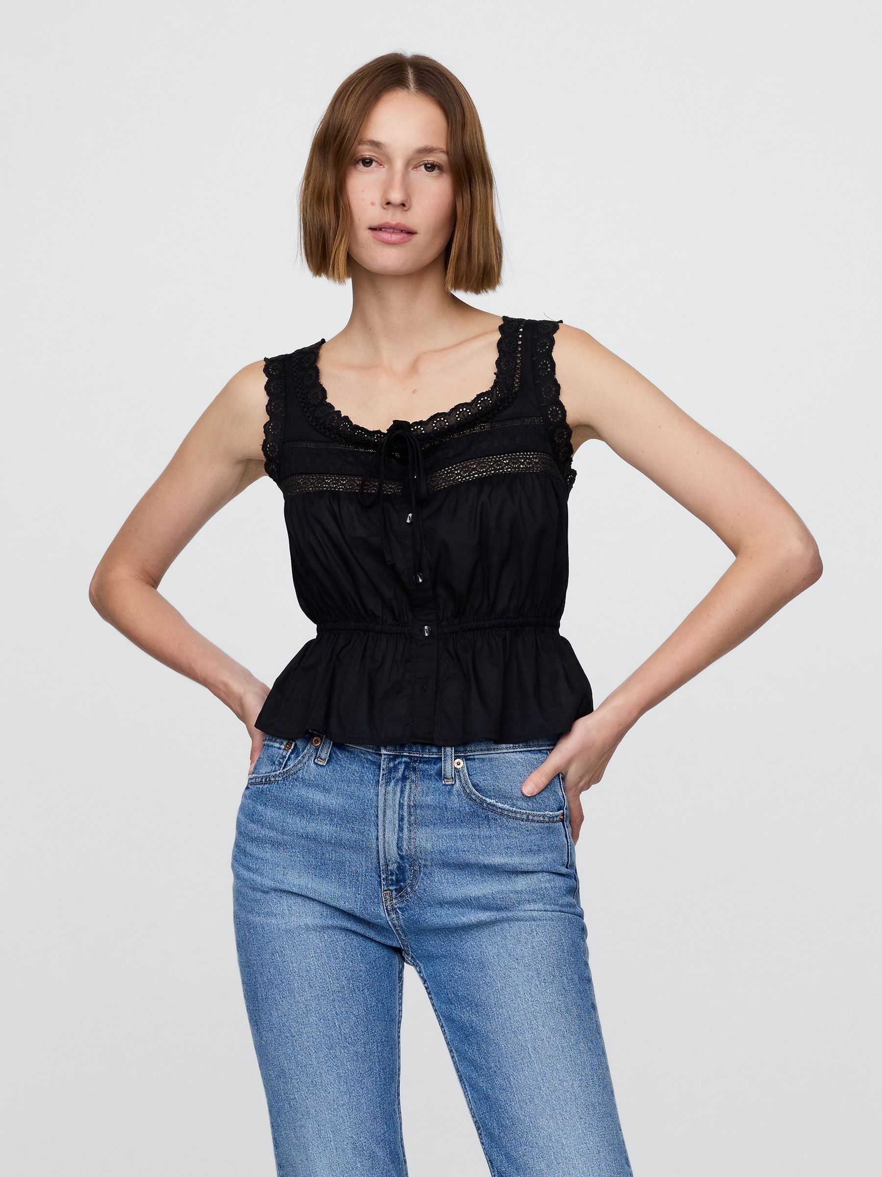 Buy Gap Black Lace-Trim Peplum Crop Top from the Next UK online shop