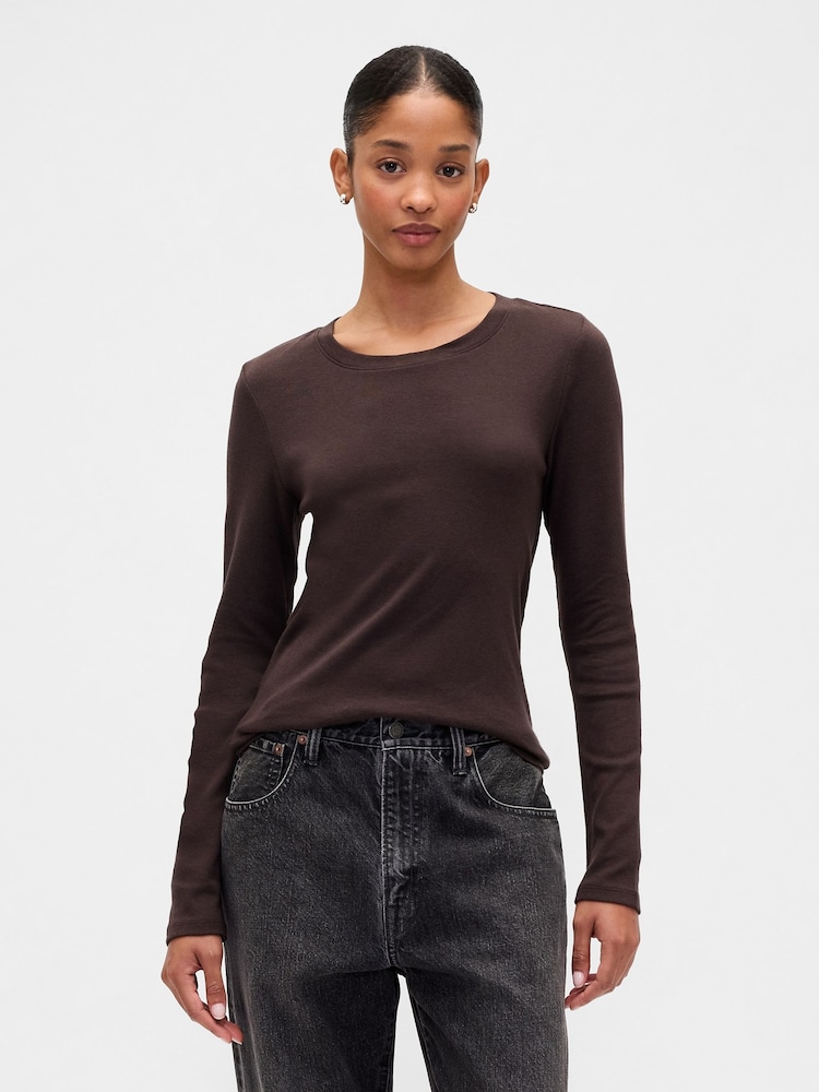 Gap Brown Long Sleeve Modern Crewneck T-Shirt - Image 1 of 5 Gap Brown Long Sleeve Modern Crewneck T-Shirt - Image 1 of 5