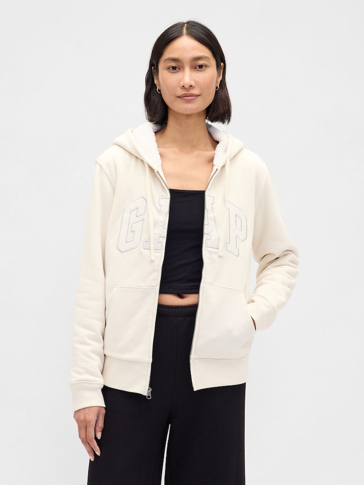 Gap Cream Relaxed Logo Sherpa-Lined Zip Hoodie - Image 1 of 4