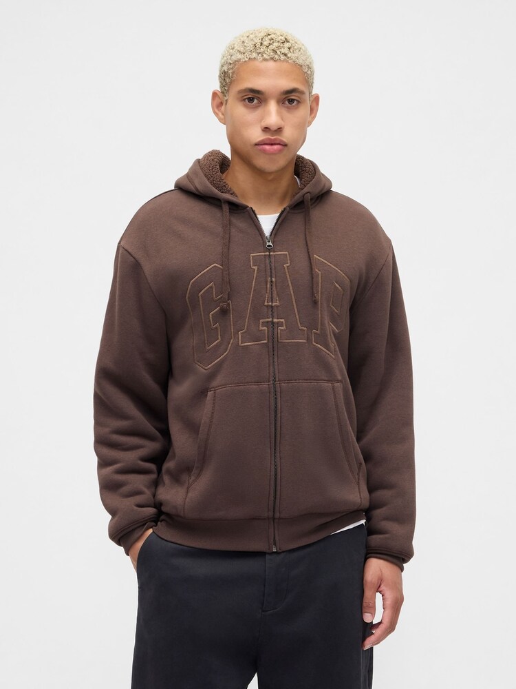 Gap Brown Relaxed Logo Sherpa Lined Zip Hoodie - Image 1 of 4